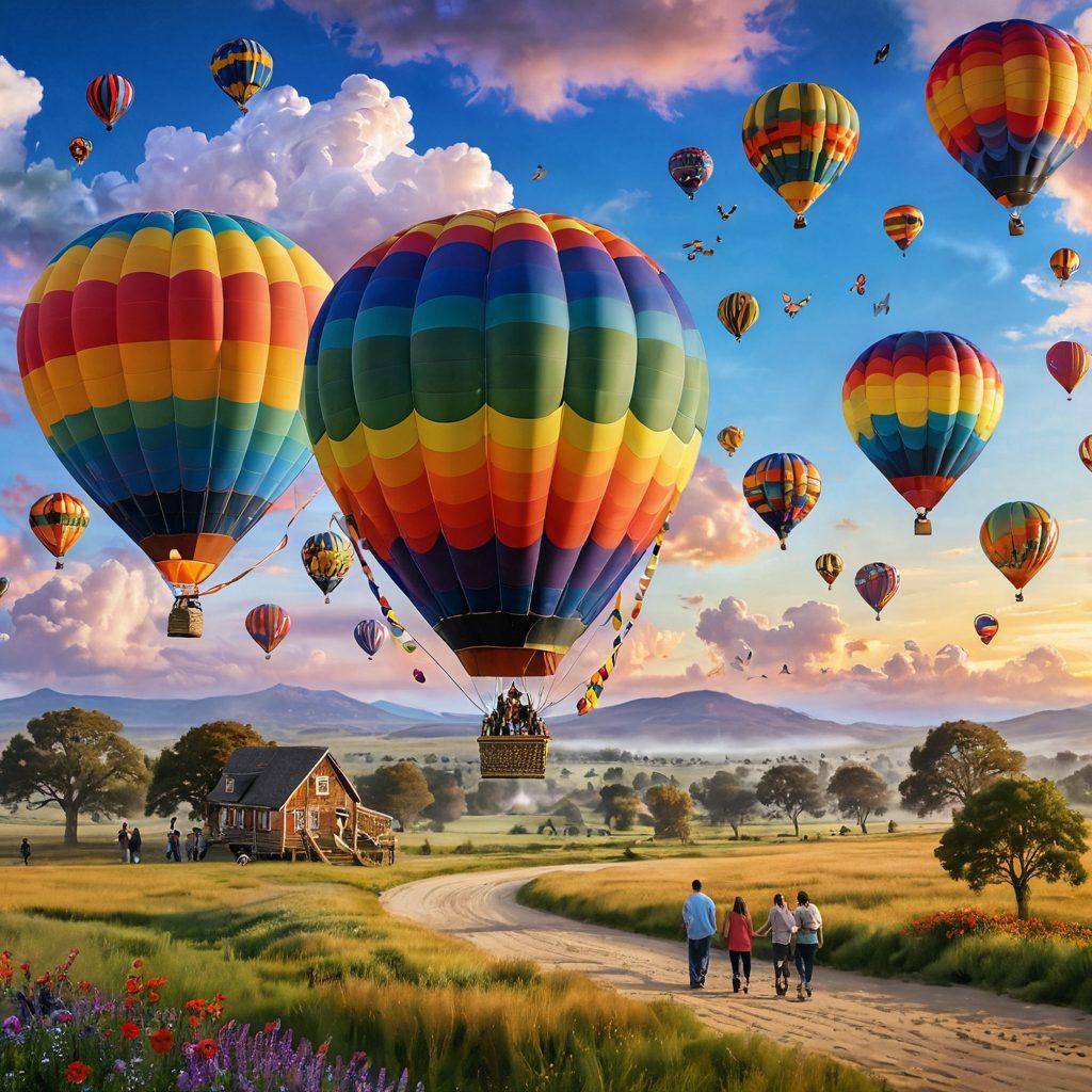 A serene landscape featuring a diverse group of people joyfully boarding a colorful hot air balloon, with vibrant skies and soft clouds surrounding them. Include subtle symbols of hope like ribbons and uplifting elements like butterflies. Showcase a sense of community and adventure with family and friends supporting one another. Artistic style should evoke warmth and positivity. super-realistic. vibrant colors. fun and uplifting.