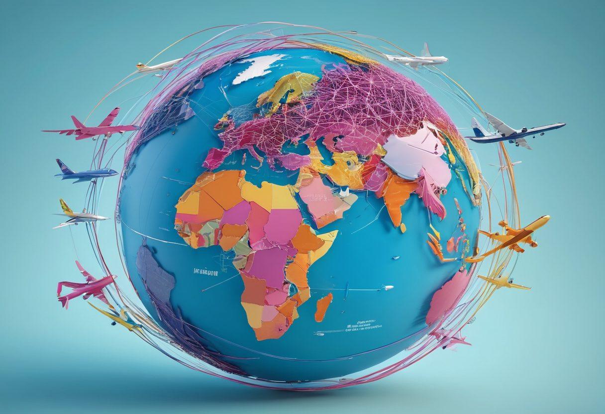 A visual representation of a globe with interconnected routes symbolizing low-cost airfares, alongside a diverse group of people symbolizing community support during cancer treatment. Include cancer awareness ribbons and airplanes in flight. Bright and hopeful colors to evoke a sense of unity and resilience. super-realistic. vibrant colors. 3D.