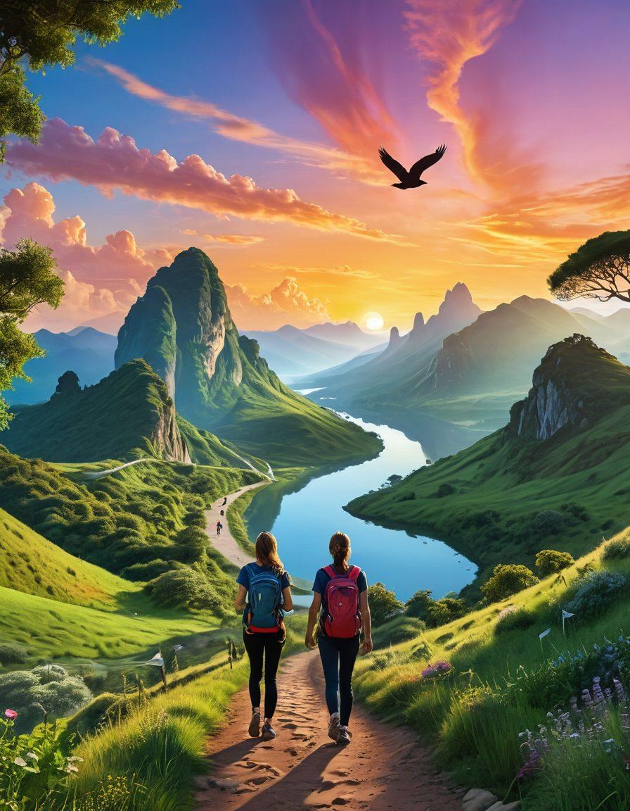 A serene landscape depicting a winding path through lush green hills leading to a bright horizon. In the foreground, a pair of travelers with backpacks are engaging with a digital map showing flight deals. Along the path, symbols of wellness such as yoga mats and heart shapes float gently in the air. The sky is painted in warm sunset colors, suggesting hope and connection. super-realistic. vibrant colors. dynamic composition.